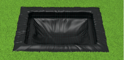 A black square positioned on grassy ground, adorned with a green cover, blending elements of color and texture.